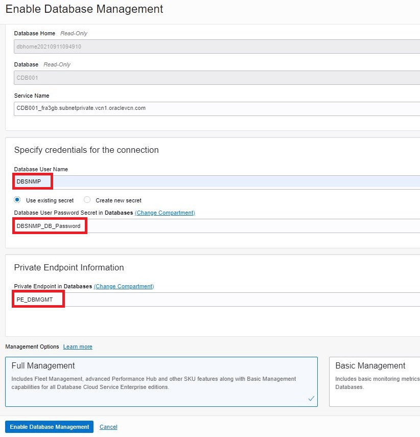 How To Enable Database Management For Oracle Cloud Databases Enable Database Management Form