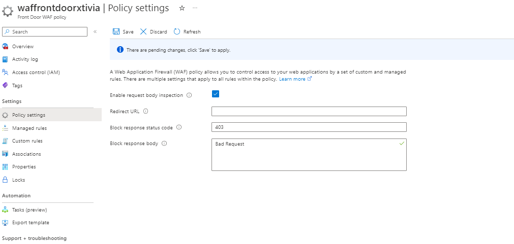 Deploying Azure Front Door with a Web Application Firewall using Custom Rules Policy Settings 403 Bad Request