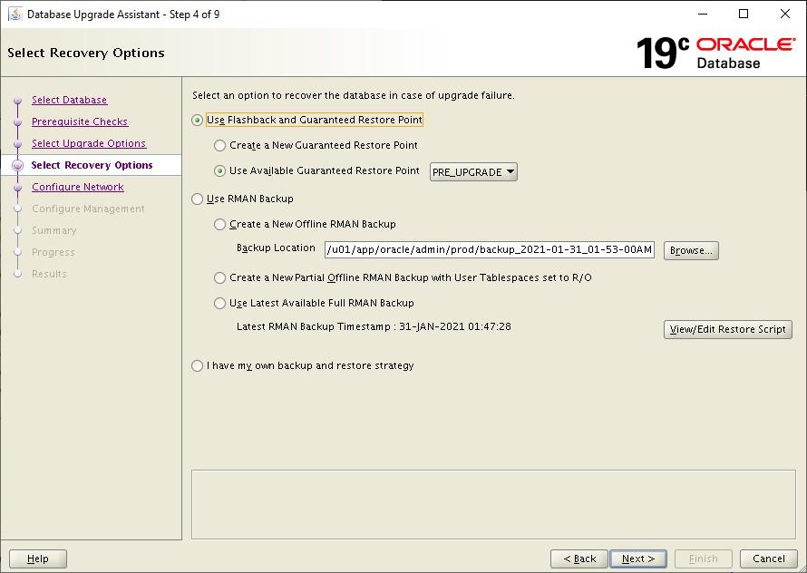 Oracle 12c to 19c Database Upgrade Manual Select Recovery Options