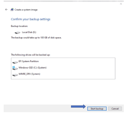 Creating a Windows Backup Image Backup settings confirmation screen