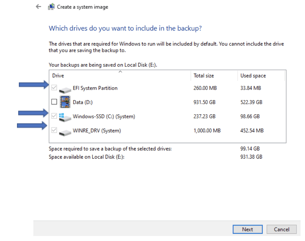 Creating a Windows Backup Image Windows image drive selection