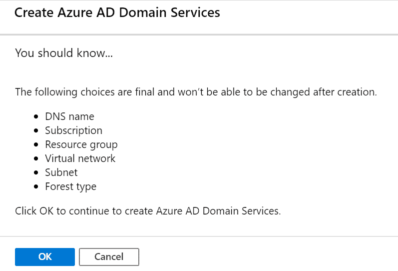 Setting up Azure AD DS informational message