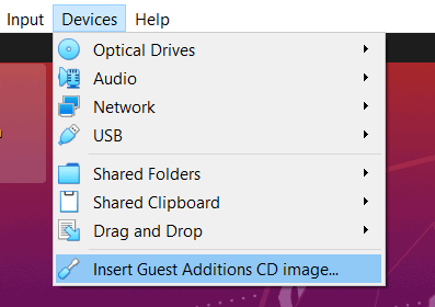 Ubuntu 20.04 Insert Guest Additions CD Image menu
