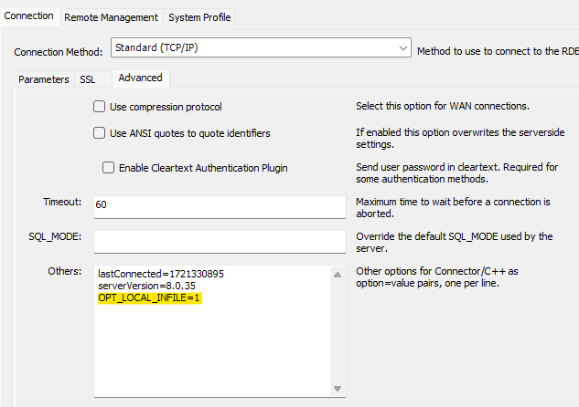 error code 2068 mysql workbench connection tab others box opt_local_infile=1