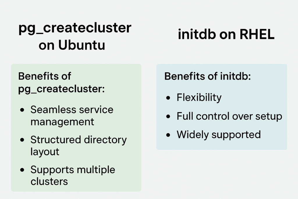 pg_createcluster vs initdb comparison table
