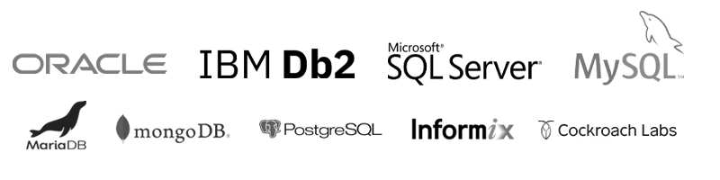virtual-dba-services-platform-logos-oracle-ibm-db2-sqlserver-mysql-mariadb-mongodb-postgresql-informix-cockroach-bw-logo-images